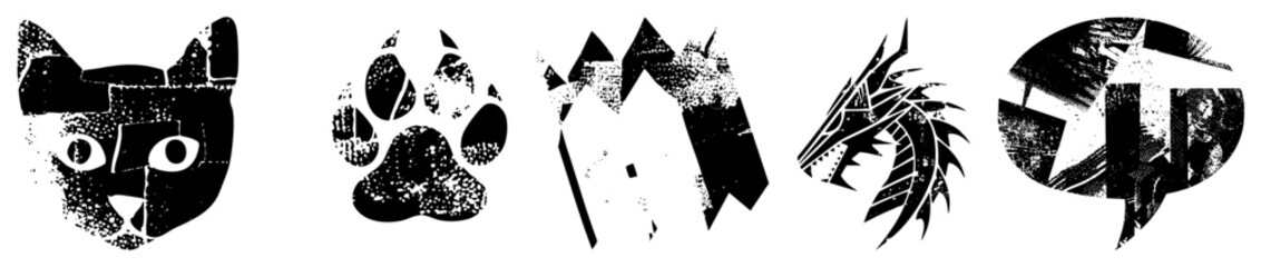 Obraz premium Graphic of cat, paw print, mountain, dragon, and starship, rendered in bold black shapes with distressed texture, ideal for logos or tattoos.