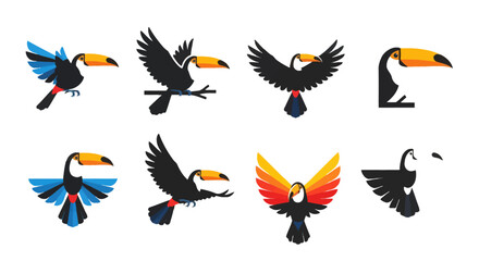 Colorful toucan illustrations in various poses on transparent background silhouette © Hridoy
