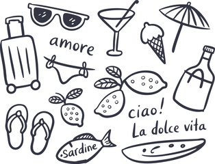 italian summer travel doodle set with amore ciao la dolce vita lettering © Mohaiminul