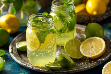 Fototapeta premium Fresh drinks with lemon and lime placed on a tray with ice and mint leaves in a bright setting