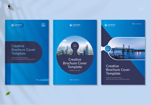 Blue Corporate Brochure Cover Template Set with Abstract Shapes and City scape Design