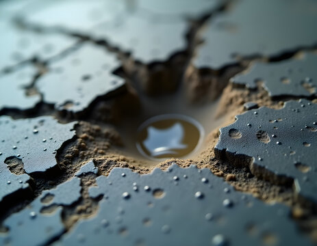 Macro view of concrete spalling and water damage crater