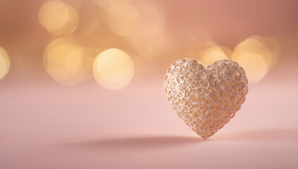 Fototapeta premium Delicate filigree heart ornament on soft pink surface with warm bokeh lights