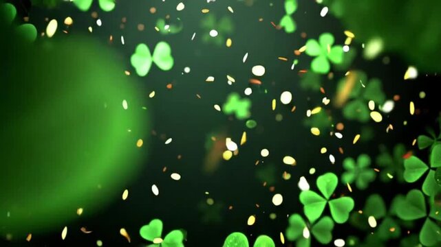 Green Clovers Gold Confetti Falling St Patricks Day Background