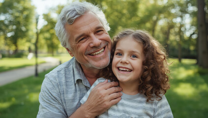 Smiling grandfather and granddaughter in sunny park, happy family moment