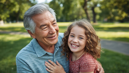 Fototapeta premium Warm smiling grandfather hugging granddaughter in sunny park