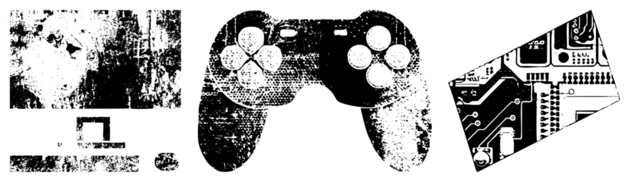 Vector illustration of gaming controller, motherboard, and abstract digital, halftone style, tech nostalgia, pixel art, isolated elements.