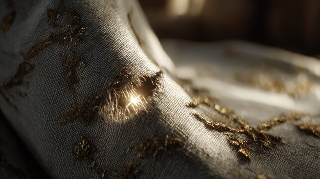 Close up shot of a frayed cloth patch with gold design