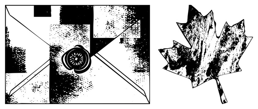 Distinctive maple leaf with speckled halftone shading, paired with compass rose in geometric grid, vector art, isolated design elements.