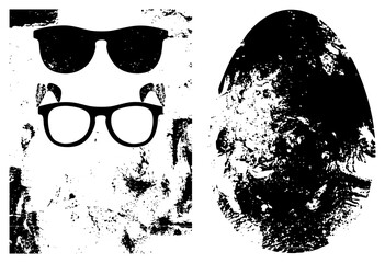 Retro eyewear pairings featuring sunglasses and round glasses, distressed black and white vector art, graphic design element, isolated accessories with textured overlay.