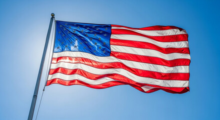 Obraz premium USA Flag Waving in Clear Blue Sky – Patriotic American Background
