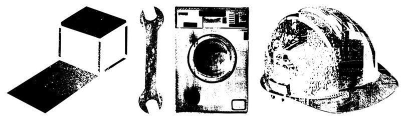 Flat vector of furniture, tool, appliance, and safety gear in halftone texture minimalist design for UI, manuals, or safety guides.