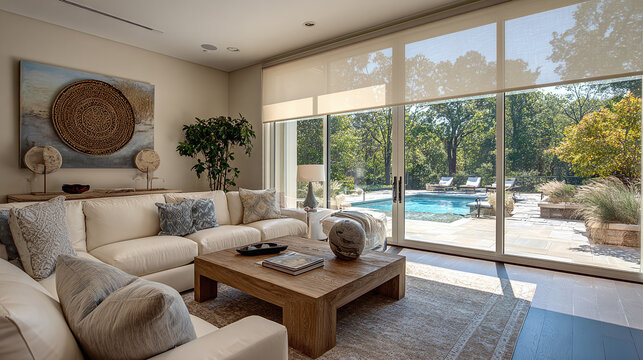 luxury smart home living room with automated roller shades modern sofa wooden coffee table and summer pool view through windows