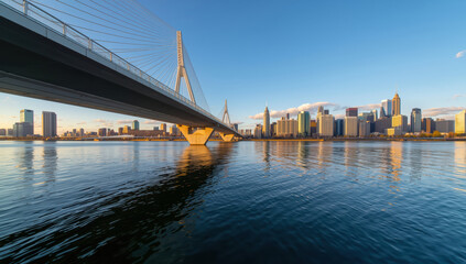 Modern cable stayed bridge over calm river with city skyline at golden hour, serene lighting