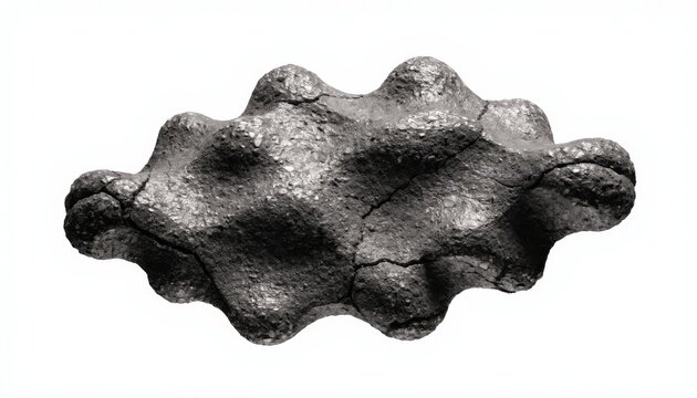 Black and white studio shot of an irregular, bumpy tektite or meteorite fragment. Macro photography showing cratered texture isolated on white background.
