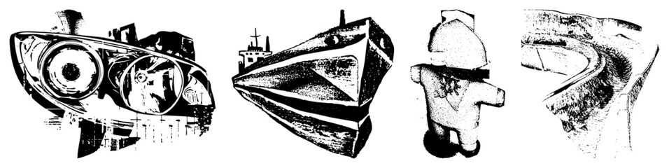 Obraz premium Four stylized vector illustrations car headlight, ship, robot, road curve, rendered in halftone with bold and stark contrast, isolated foreground elements.