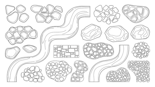 Garden Stones and Path Plan View Abstract Outline Vector Layout Components Set