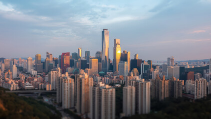 Obraz premium Modern city skyline at sunset with reflective glass tower and warm light