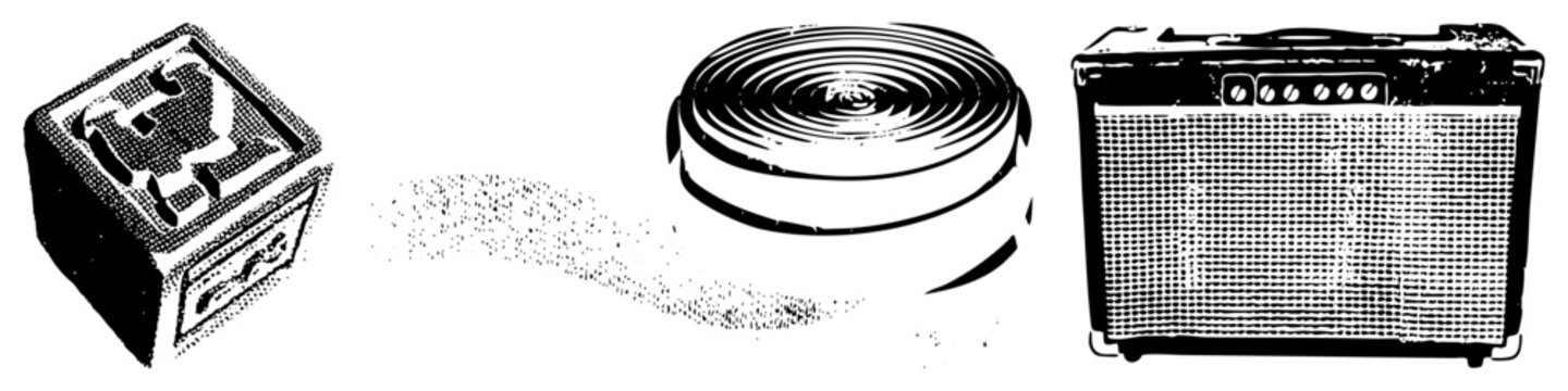 Retro gear including guitar amp, inductor coil, and speaker cabinet, halftone style, vector, isolated design elements for music tech.