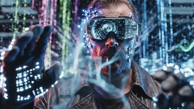 Futuristic Man Wearing Virtual Reality Goggles.
