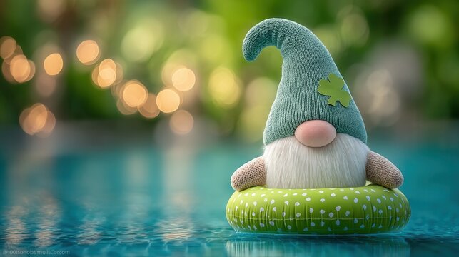Gnome pool float green hat clover water bokeh festive decor for saint patrick day relaxing on inflatable ring in blue swimming pool with soft light and summer mood