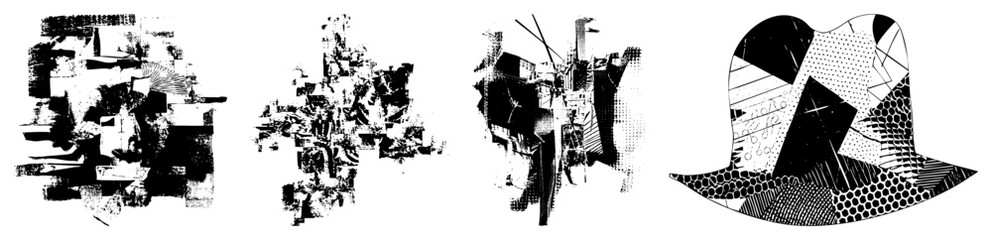 Black and white vector hat with fragmented geometric shapes, halftone dots, and textures, stylized graphic design, isolated foreground.