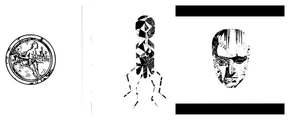 Grungy black and white vector ancient coin with figure, geometric insect, and textured mask. Flat design with distressed texture, isolated elements for graphic use.