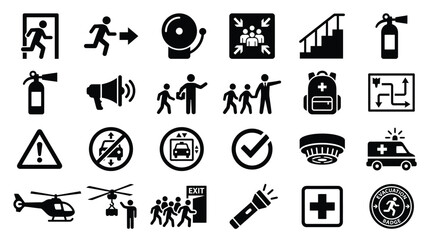 Collection of safety and emergency icons, including evacuation, fire safety, first aid, and rescue symbols.
