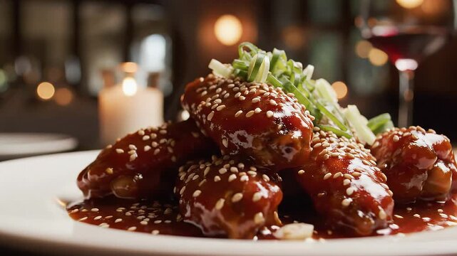 Slow Pan Over Glistening Gochujang Glazed Chicken Wings with Sesame and Scallions