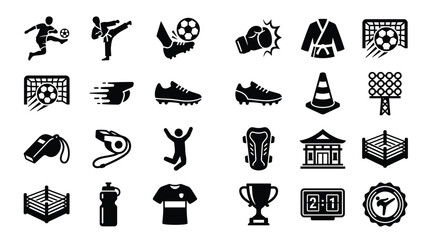 A comprehensive collection of sports-related icons, featuring equipment, athletes, and venues for various athletic activities. © GJ