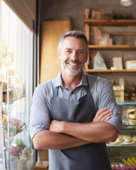 Fototapeta premium Retail shop owner smiling in small business urban setting portrait photography warm environment close-up view
