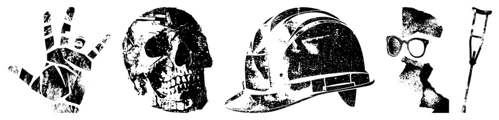 Obraz premium Distressed black and white vector open hand, skull, safety helmet, bespectacled face, crutch. Urban grit, stencil art, symbolic.