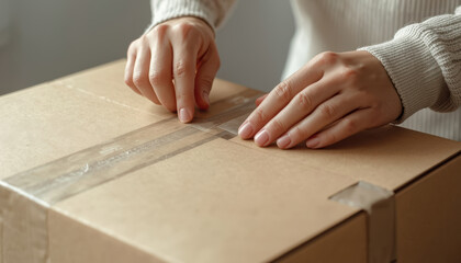 Hands sealing cardboard box with tape soft daylight showing careful packaging and warm home