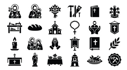 Naklejka premium Collection of black and white religious icons representing various Christian symbols and figures, including saints, churches, and sacred objects.