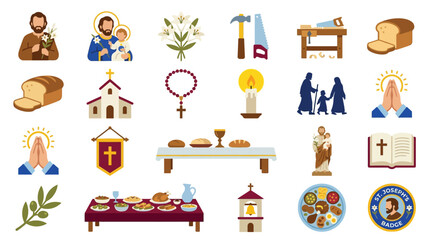 Naklejka premium A collection of religious icons and symbols representing Christian faith, including figures of saints, bread, churches, rosaries, candles, and biblical texts.