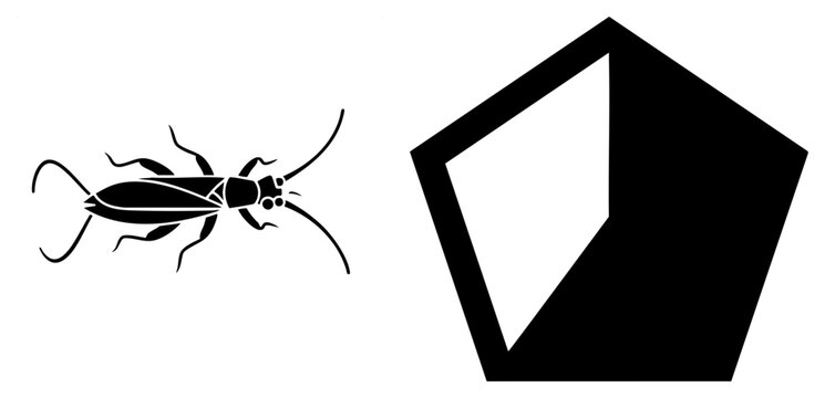 Black earwig insect, vector flat design, geometric pentagon shape, minimalist illustration, isolated foreground elements, stylized bug, graphic symbol.