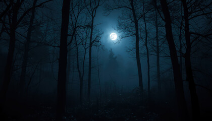 Naklejka premium Moonlit misty forest at night with eerie blue glow and mysterious atmosphere
