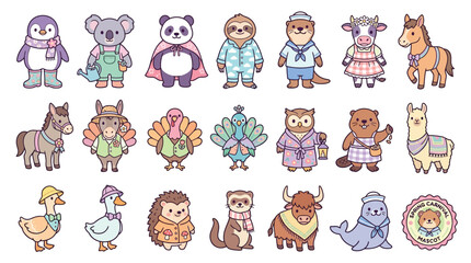 Fototapeta premium A charming collection of adorable cartoon animals dressed in various outfits, including pajamas, overalls, and sailor suits, presented in a grid format.