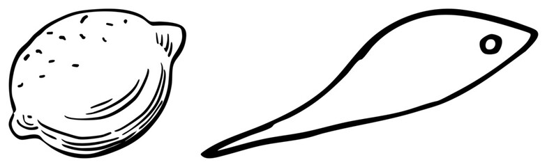 Hand drawn lemon with textured skin and fish with simple eye, both in minimalist black, ideal for food graphics, recipe design, or.