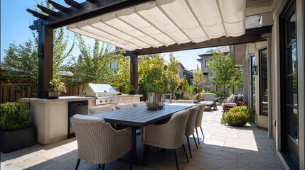 modern backyard patio area with pergola shade structure dining table chairs set kitchen grill relaxing outdoor space elegant neutral furniture