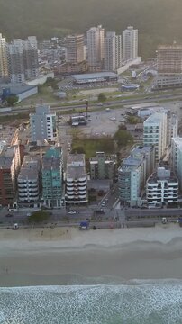 Balneario Camboriu skyline aerial view, luxury skyscrapers and beachfront cityscape in Brazil, modern coastal city drone footage