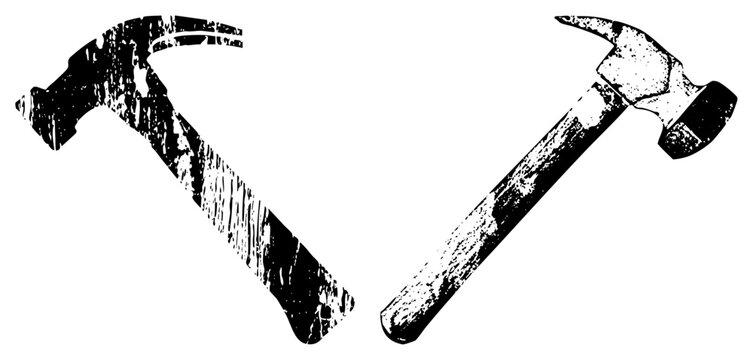 Two classic hand tools with worn textures, claw hammer and ball peen hammer, isolated vector graphics for DIY or industrial use, black and white stencil style.