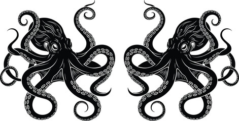Symmetrical black octopus vector illustration, mirror image cephalopod silhouette with curly tentacles, nautical sea creature graphic isolated on white background © Anamul Arafat