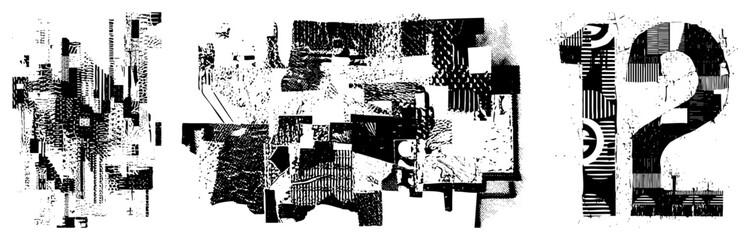 Obraz premium Fragmented black and white graphic design with halftone textures, geometric shapes, and fragmented typography, ideal for modern art or digital backgrounds.