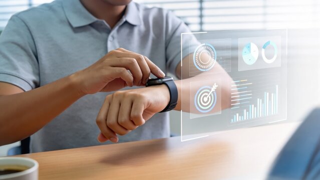 Young man checking smartwatch health data at desk,monitoring fitness statistics and performance analytics with digital dashboard interface at home office