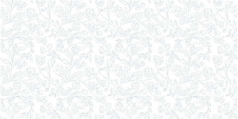 Seamless light gray floral vine pattern with delicate leaves and blossoms. Subtle elegant botanical design in soft repeating layout. Minimal classic background ideal for wallpaper, fabric . © NisatFarjana