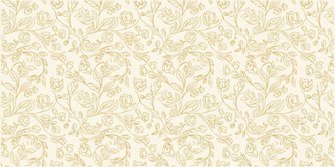 Seamless beige floral vine pattern with intricate leaves and blossoms. Elegant botanical decorative design in dense repeating layout. Soft classic background ideal for wallpaper, fabric and surface . © NisatFarjana