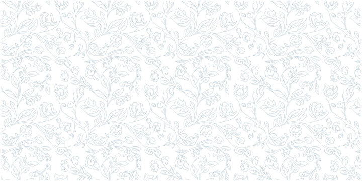 Seamless light gray floral vine pattern with delicate leaves and blossoms. Subtle elegant botanical design in soft repeating layout. Minimal classic background ideal for wallpaper, fabric .