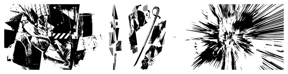 Naklejka premium Bold halftone, fragmented shapes, dynamic radial bursts, graphic design motifs, vector art, comic book splash, stylized composition.