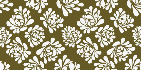 Seamless olive green floral ornamental pattern with cream blossoms. Elegant vintage decorative design on earthy background. Repeating classic texture ideal for wallpaper, fabric . © NisatFarjana